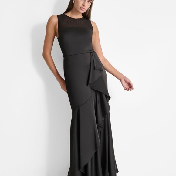 DKNY Women's Mesh-Yoke Cascading-Ruffle Evening Gown - Black NWT Size 14 - Picture 7 of 7